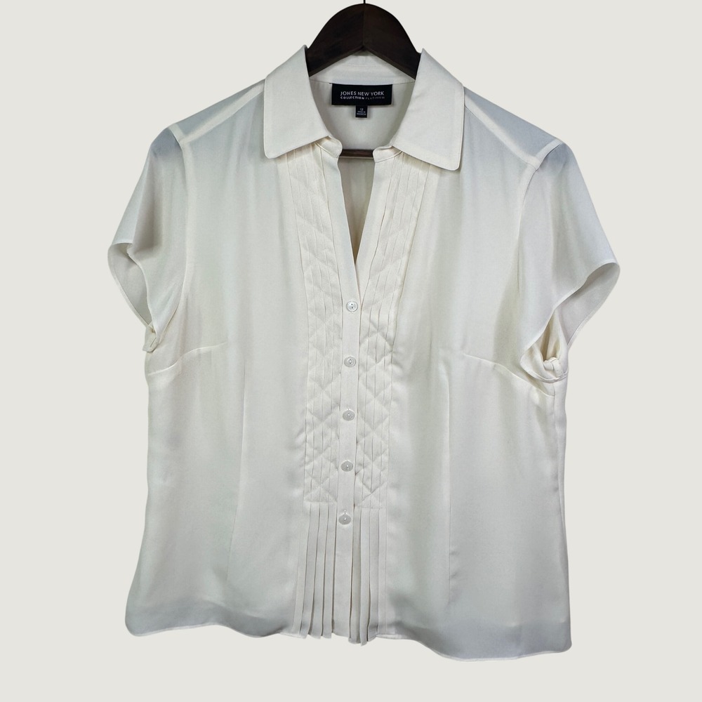 Jones New York Womens Pleated Pintuck Blouse Short Sleeve Cream Size 12